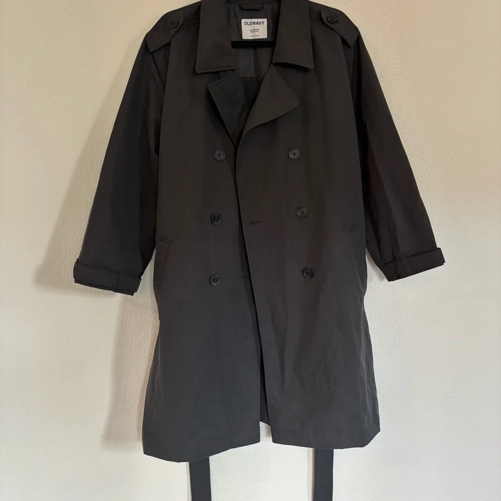 Old Navy Petite XL Water Resistant Tie Belt Trench Coat Panther Dark Gray - Picture 6 of 10